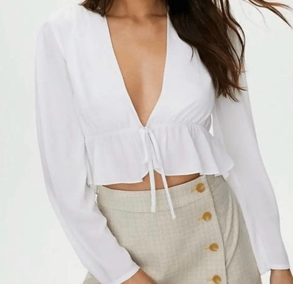 Sunday Best Aritzia White Viscose Ruffly Tie-Front Blouse Size XXS